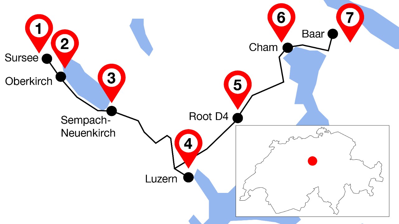 The image shows the route from Sursee to Baar with seven marked highlights along the way.
