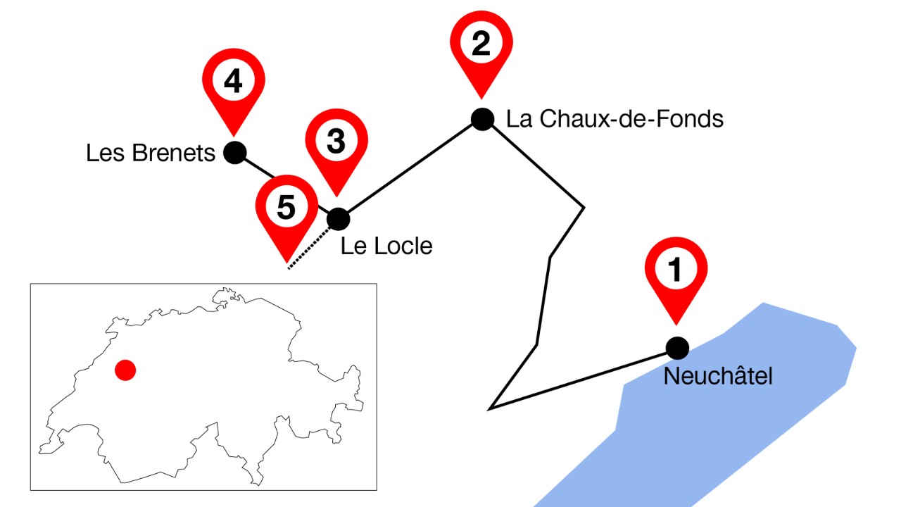 The image shows the route from Neuchâtel to Le Locle with five marked highlights along the way. 
