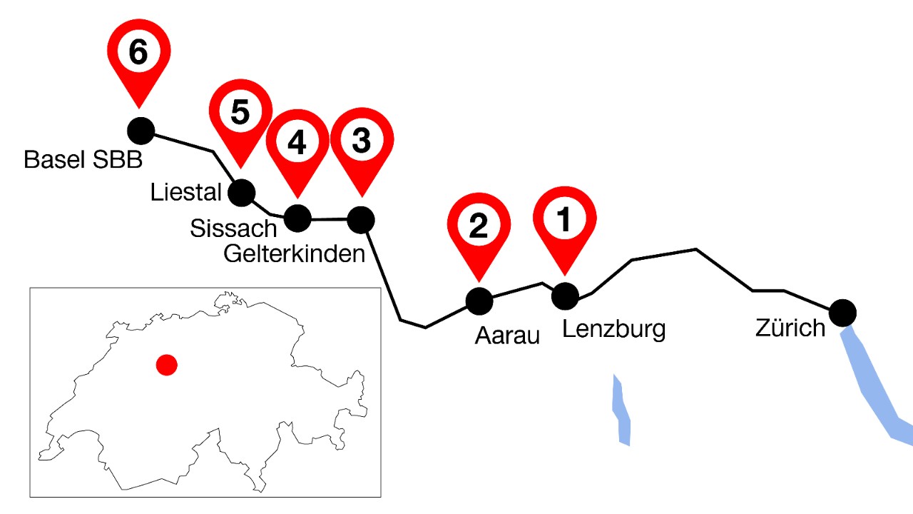 Die Grafik zeigt den Streckenverlauf von Lenzburg nach Basel mit sechs markierten Highlights an dieser Linie.