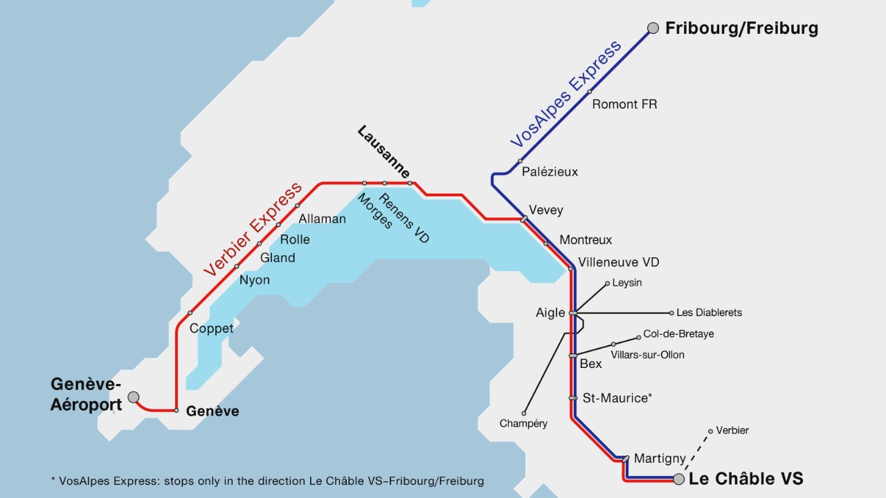 The map shows the Verbier Express route from Geneva Airport to Le Châble and the VosAlpes Express route from Fribourg/Freiburg to Le Châble.