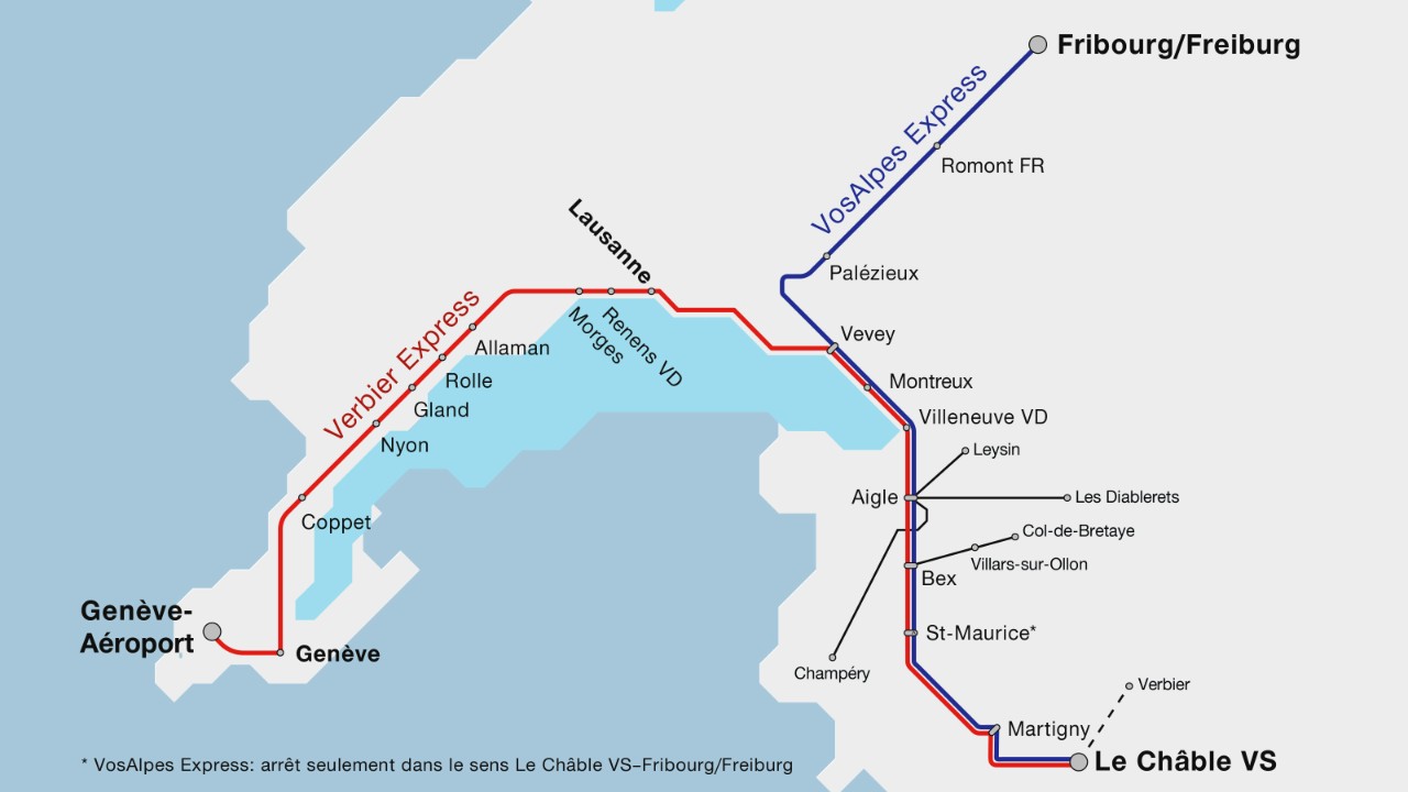 La carte montre l’itinéraire du Verbier Express de Genève-Aéroport au Châble et du VosAlpes Express de Fribourg au Châble.