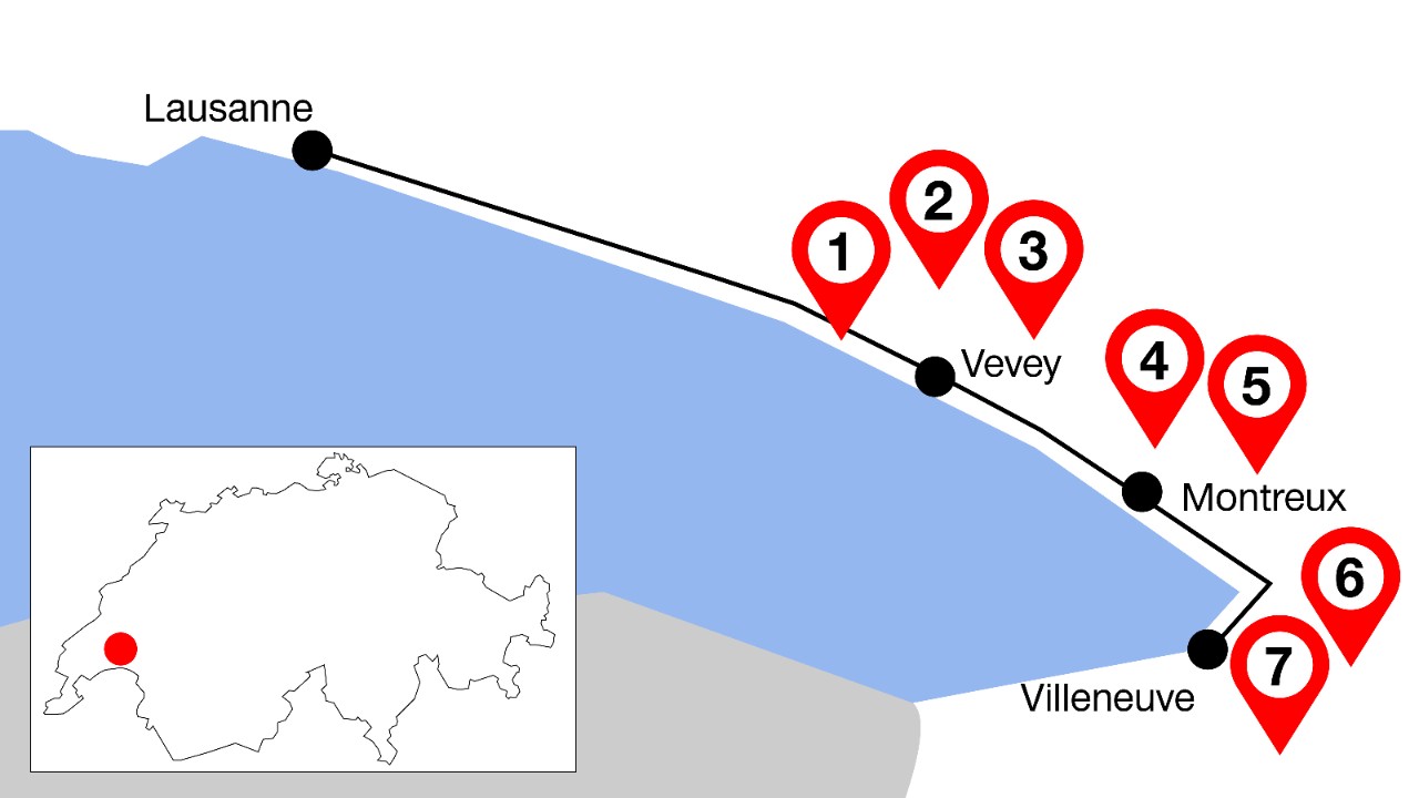 The graphic shows the route along Lake Geneva from Lausanne to Villeneuve via Vevey and Montreux with highlights marked in these three towns.