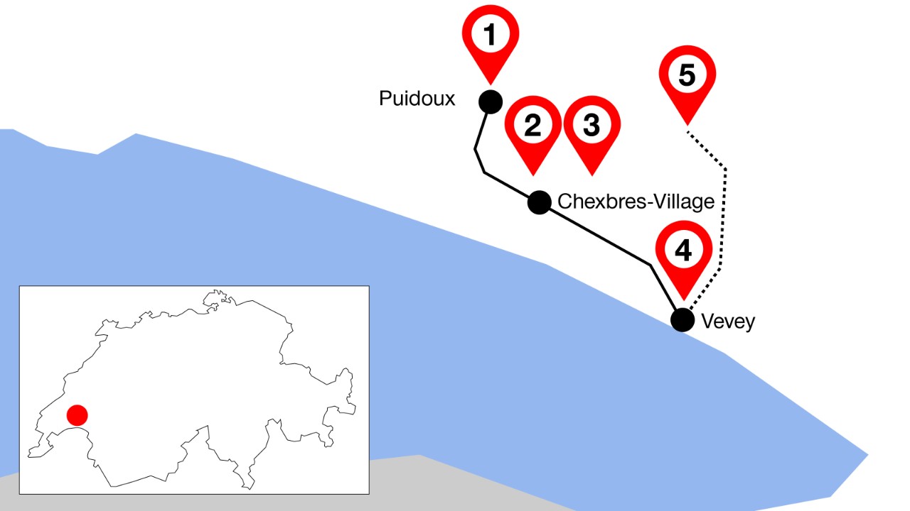 The image shows the route from Puidoux to Vevey with five marked highlights along the way.