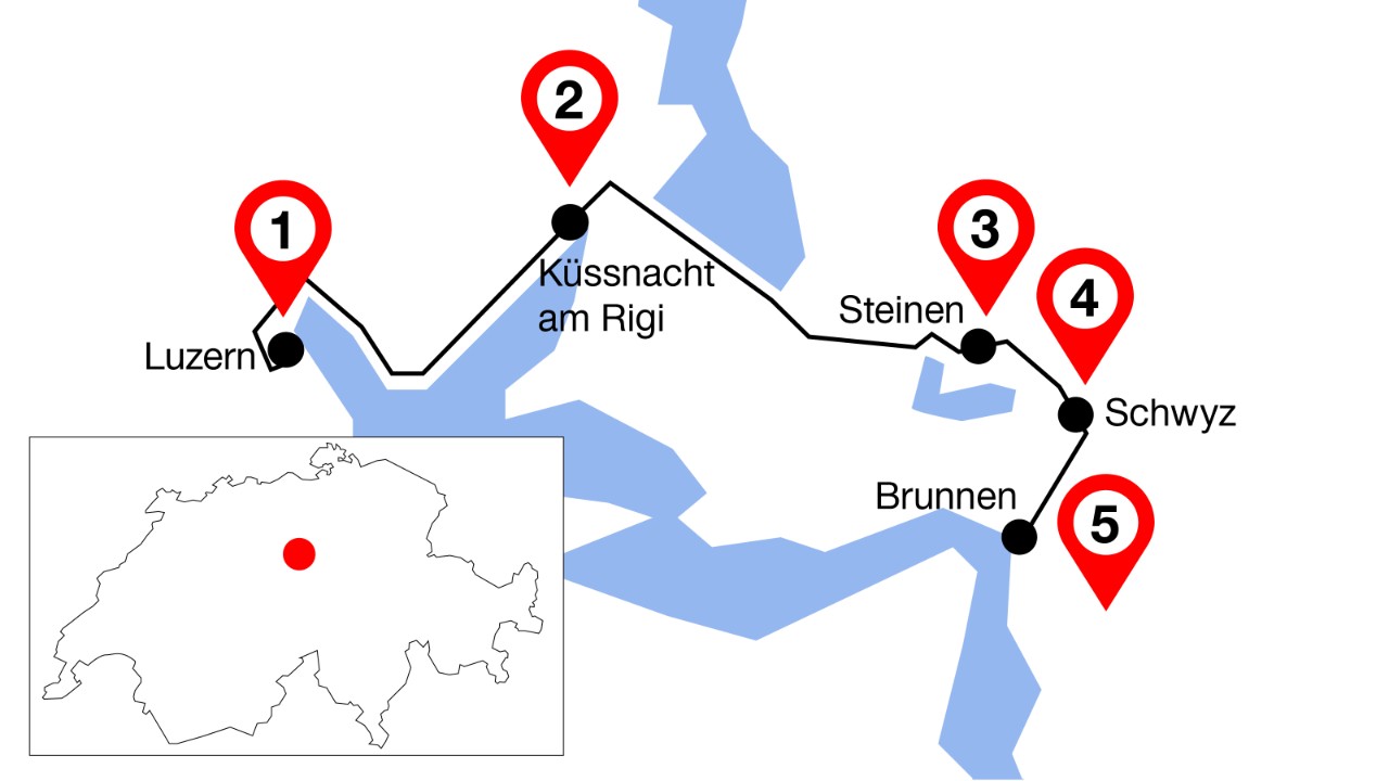 The image shows the journey from Lucerne to Brunnen with five highlights marked along the route.