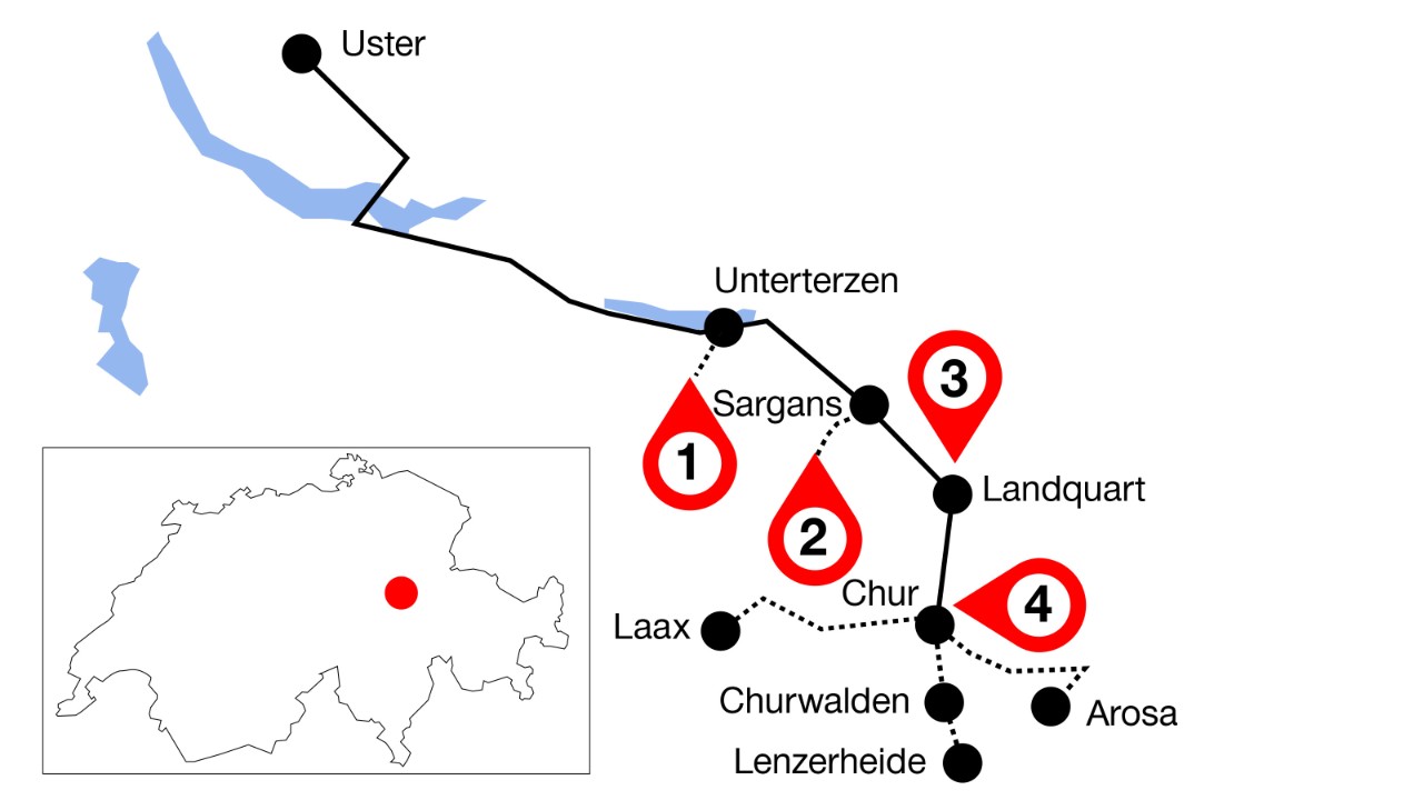 The image shows the route from Uster to Chur with four marked highlights along the way.
