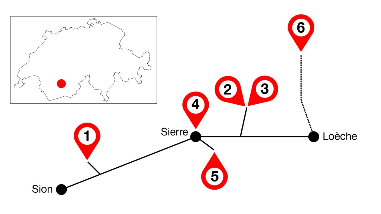 L’illustration présente une carte du tour proposé en Valais central, tour qui suit la ligne du train IR90, de Sion à Loèche. La carte indique les lieux à ne pas manquer dans la région.