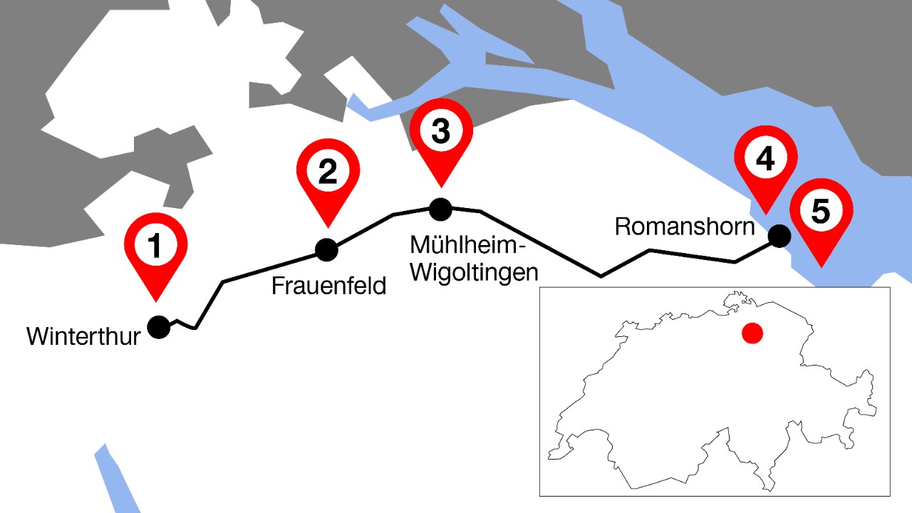 The image shows the trip from Winterthur to Romanshorn with five highlights marked along the route.