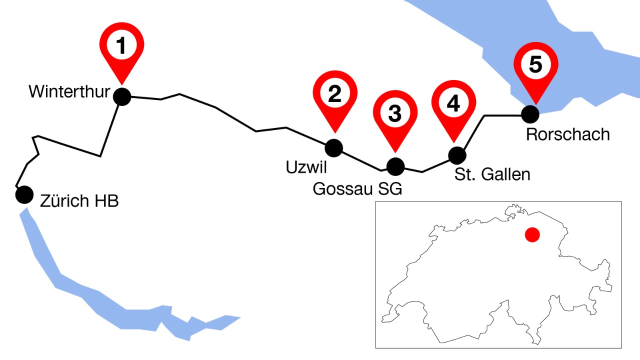 The image shows the route from Zurich to Rorschach with five marked highlights along the way.