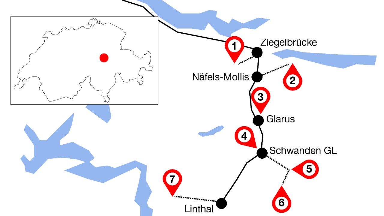 The image shows the route from Zürich HB to Linthal with seven marked highlights along the way. 