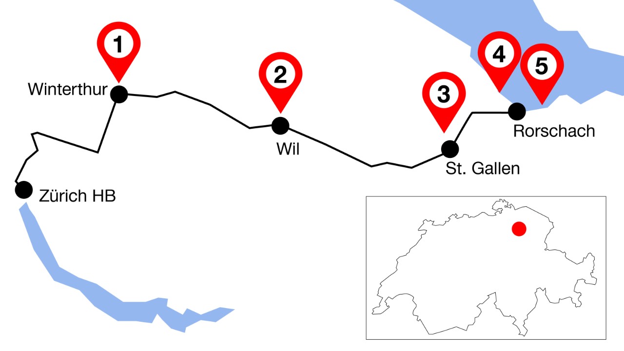 The image shows the route from Zurich to Rorschach with five marked highlights along the way.