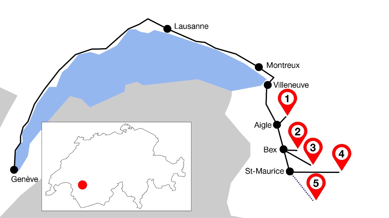 La mappa mostra il percorso da Ginevra a Saint-Maurice con cinque punti di interesse lungo il tragitto. 