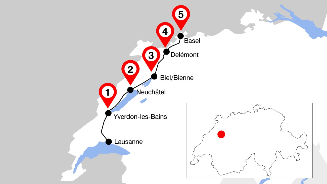 L’illustration présente l’itinéraire de Lausanne à Bâle ainsi que cinq lieux à ne pas manquer sur cette ligne.