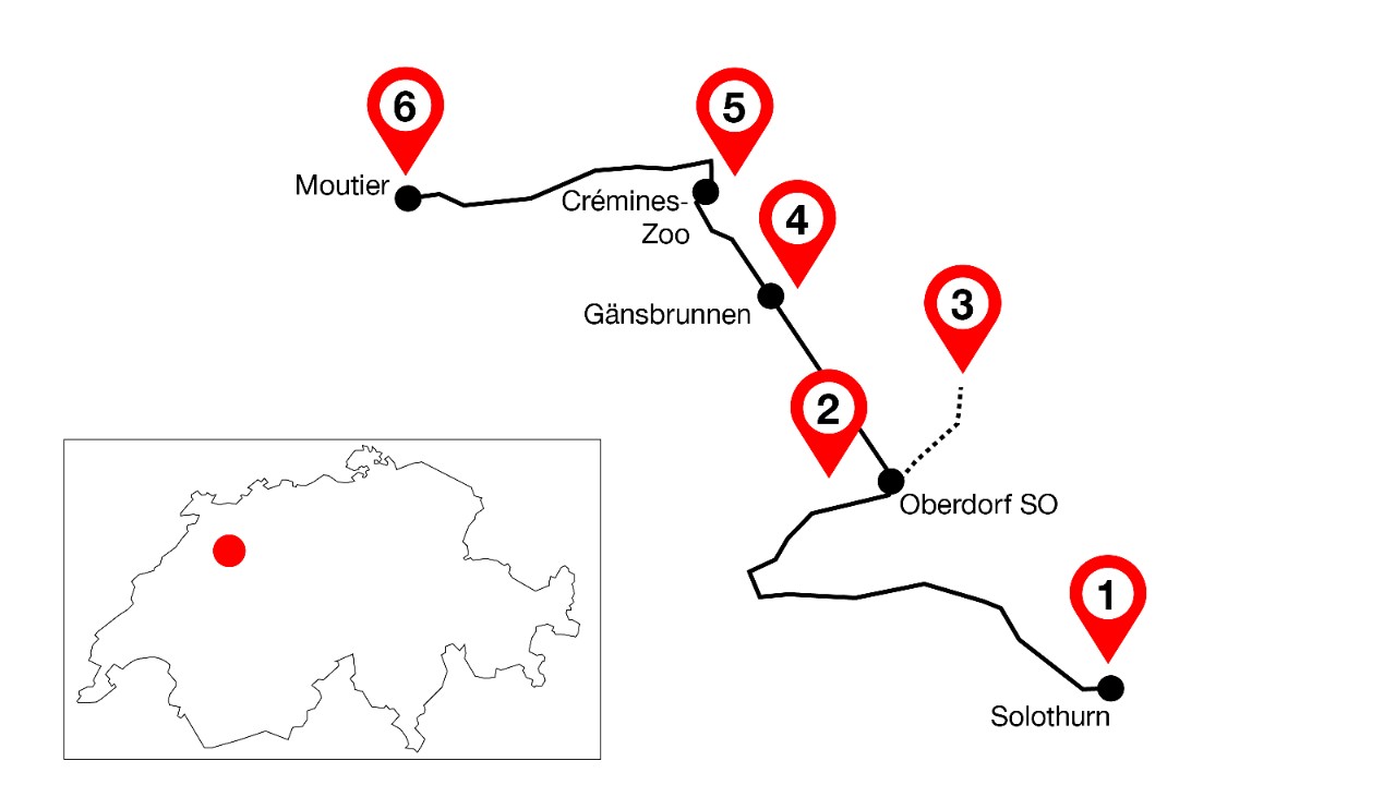 La mappa mostra il percorso da Soletta a Moutier con sei punti di interesse lungo il tragitto.