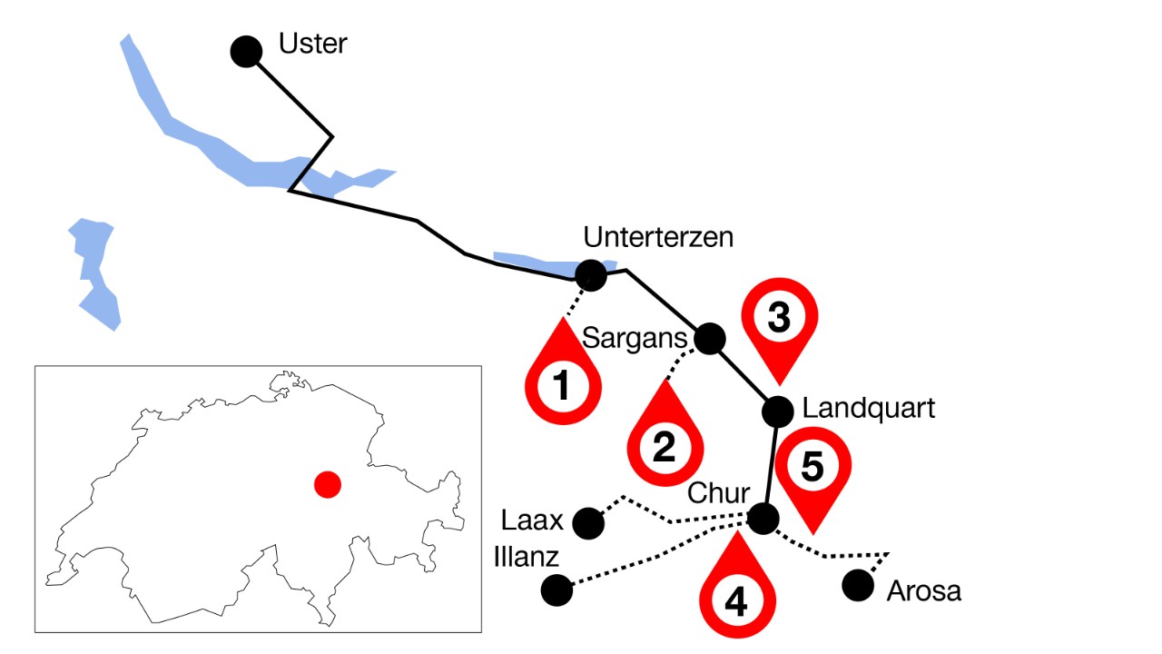 The image shows the route from Uster to Chur with five marked highlights along the way.