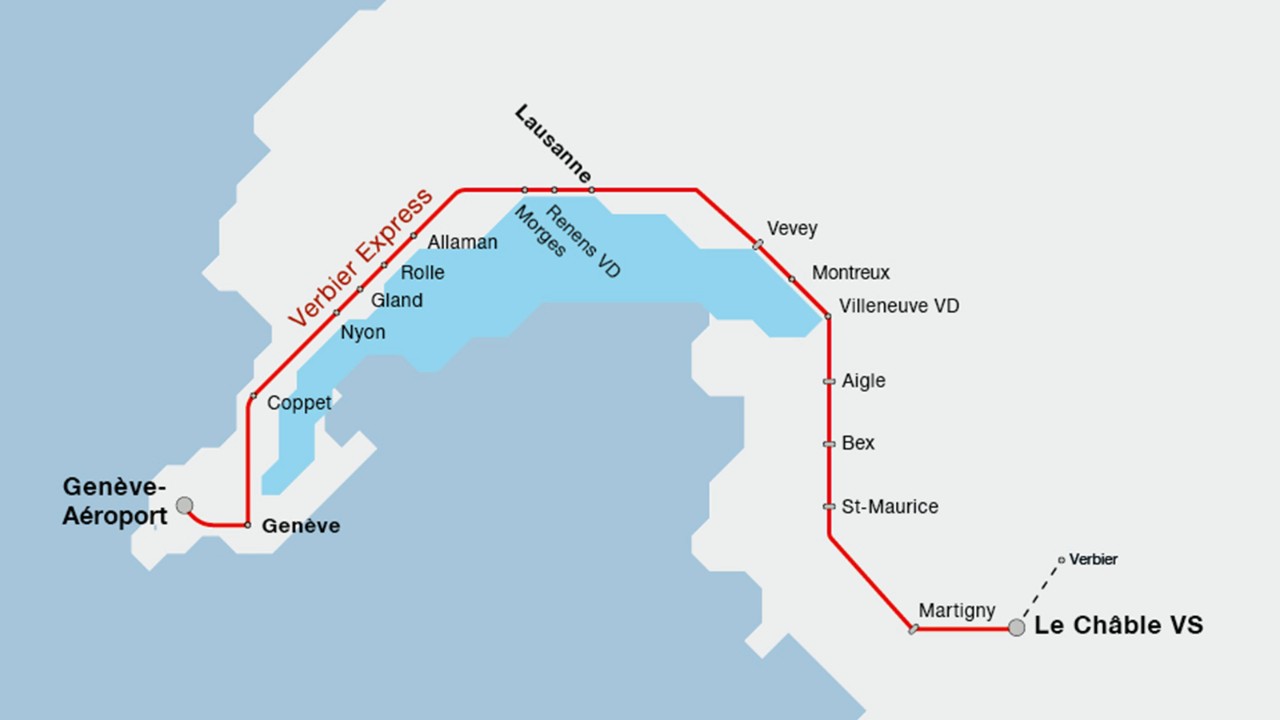 The map shows the route of the Verbier Express from Geneva Airport to Le Châble.