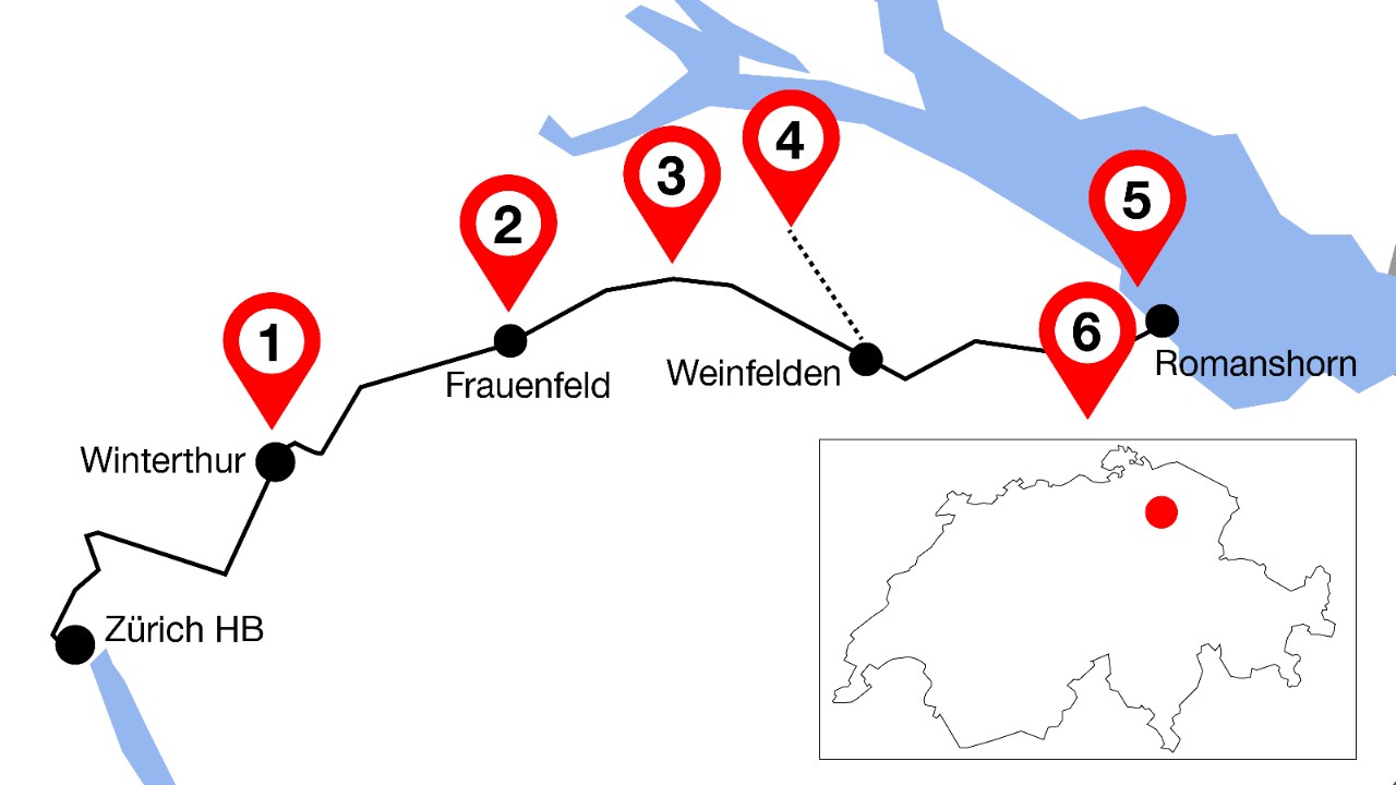 The image shows the trip from Winterthur to Romanshorn with six highlights marked along the route.