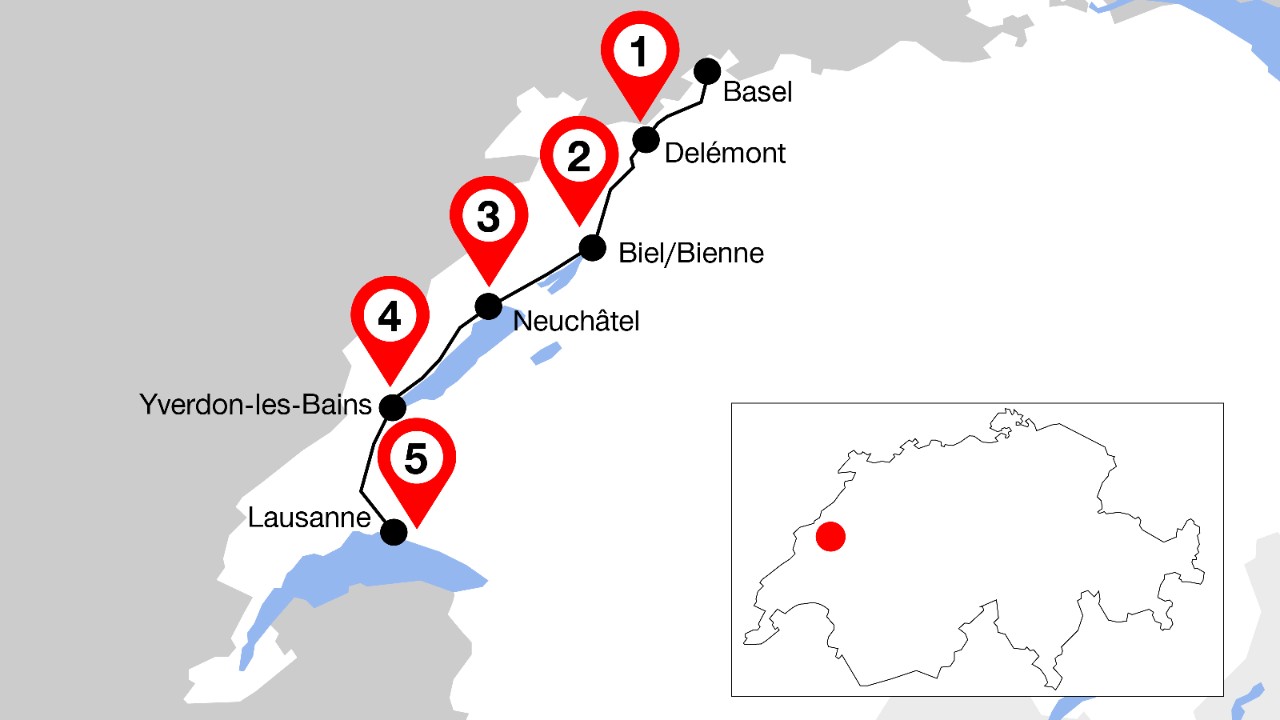 La mappa mostra il percorso da Basilea a Losanna con cinque punti di interesse lungo il tragitto.