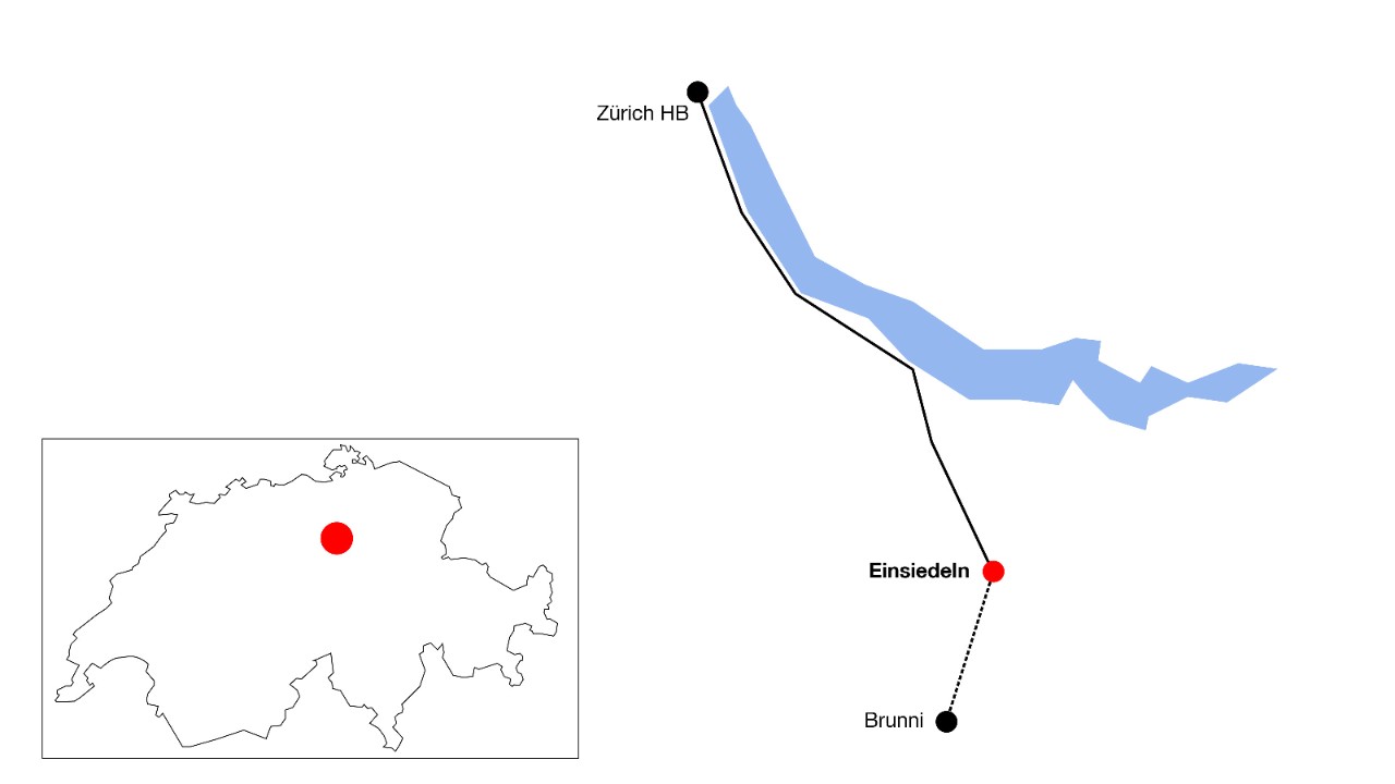 The image shows the route from Zürich HB to Einsiedeln with five marked highlights and a star that represents an Advent highlight for the Christmas Market. 