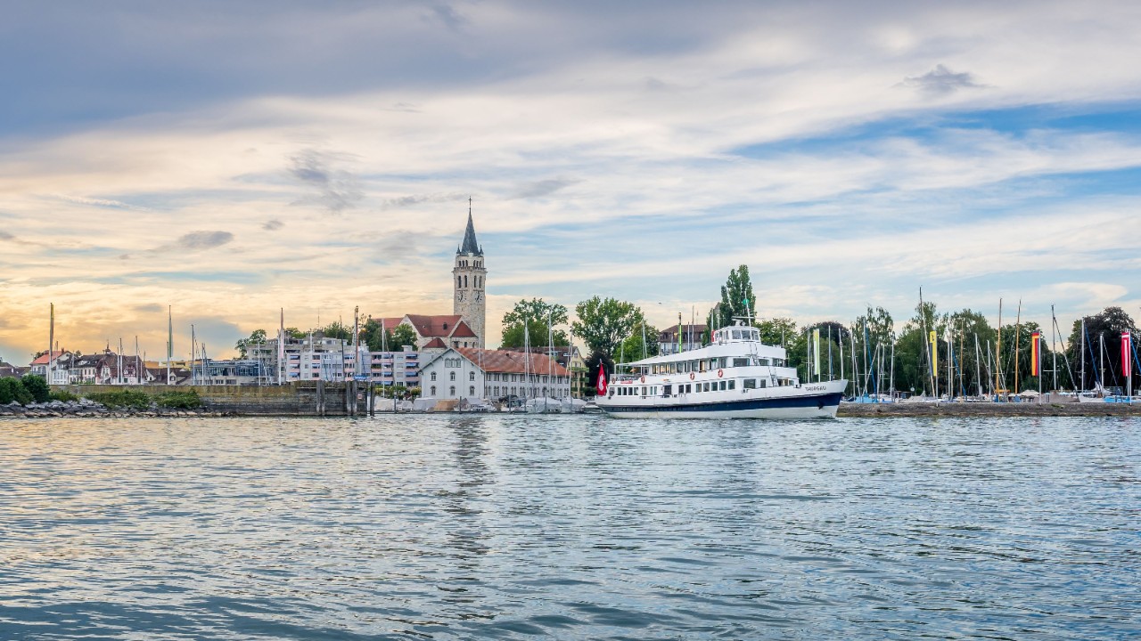 The harbour on the lakeshore with Romanshorn in the background.
