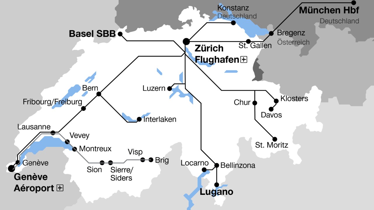 Mit «SWISS Air Rail» fahren Sie quer durch die ganze Schweiz und sogar ins nahe Ausland nach Bregenz (Österreich), Konstanz und München Hbf (Deutschland).