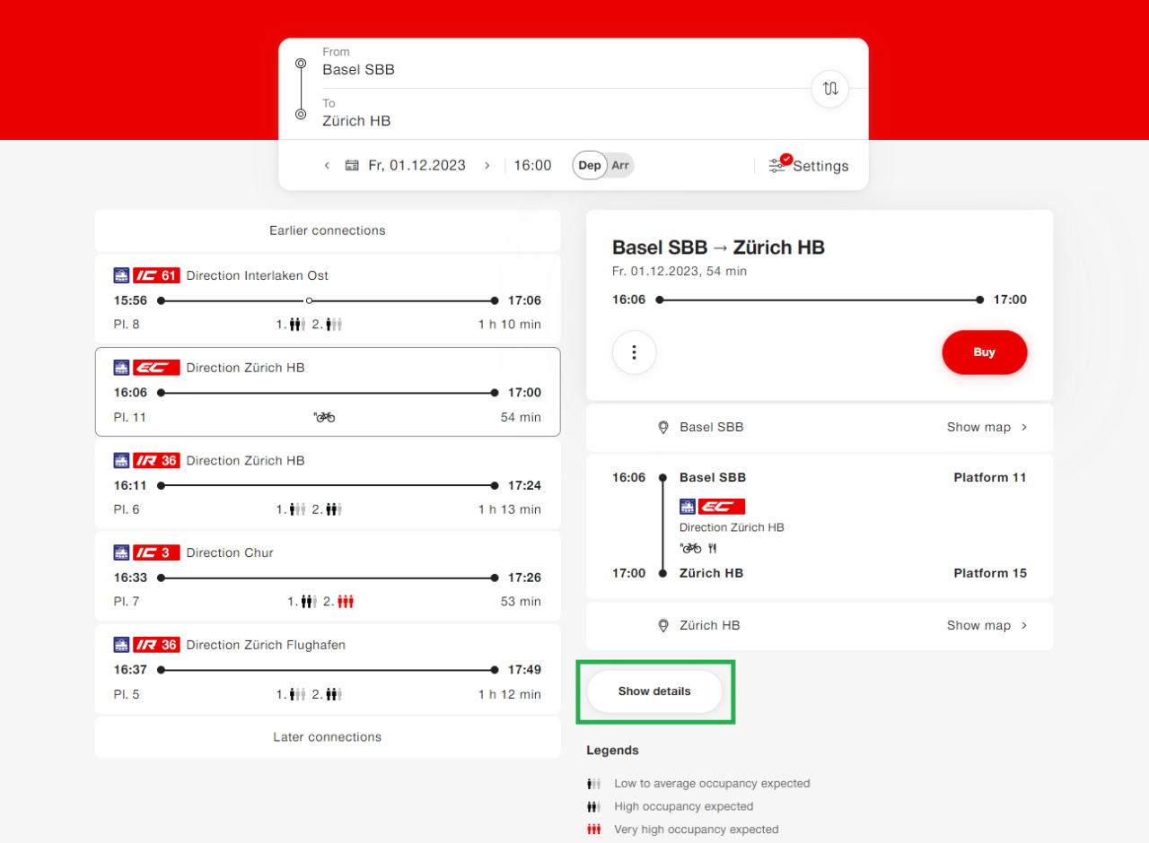 Choose your preferred connection in the SBB.ch timetable. Click on the button labelled “Show details” in the connection details.
