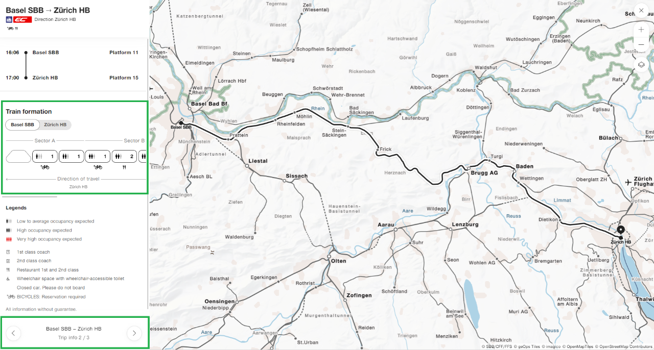 By clicking on the arrow in the bottom left (Trip info), you can change the view and show the train formation.