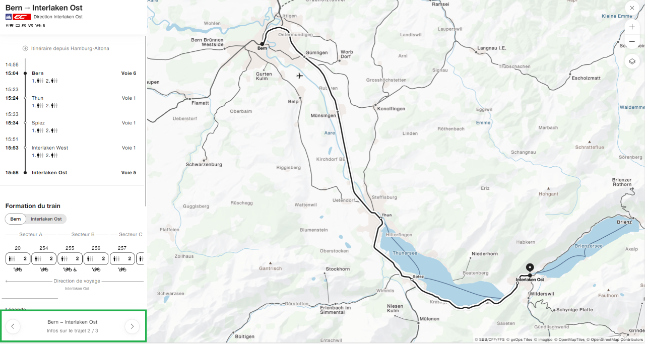 En cliquant sur les flèches en bas dans la fenêtre de gauche (Infos sur le trajet), vous pouvez changer de vue et afficher la formation du train.