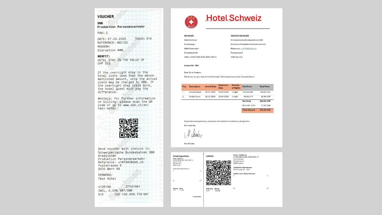 Send the voucher and the invoice with a payment section as a PDF to rechnung@sbb.ch.