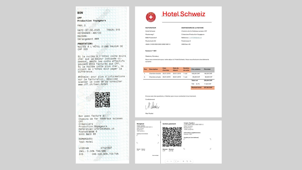 Envoyer le bon et la facture avec la partie paiement au format PDF à rechnung@sbb.ch.