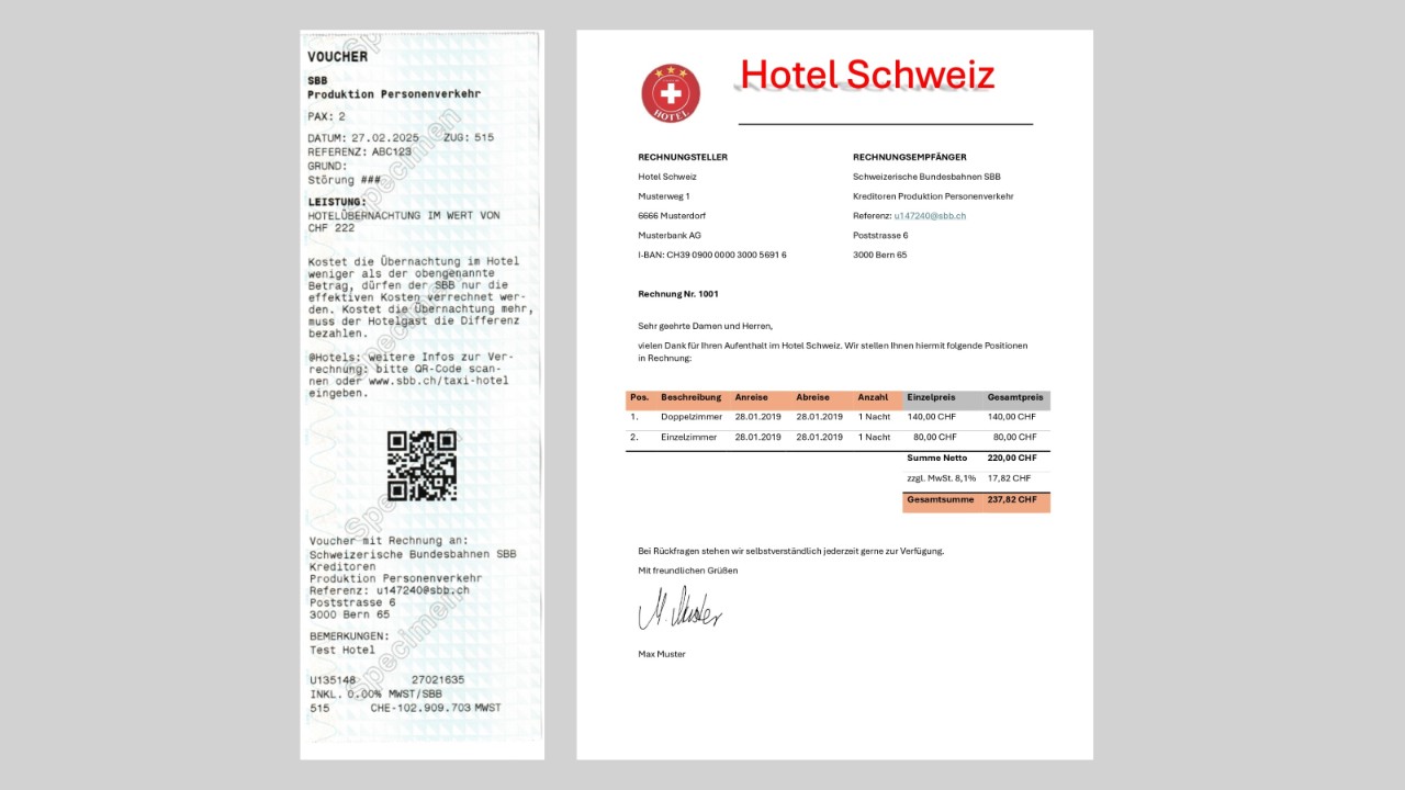 Voucher und Rechnung ins SBB Reisezentrum bringen.