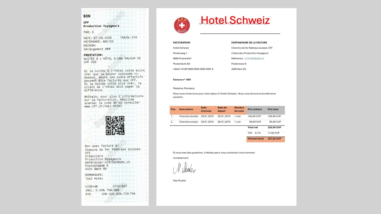 Apporter le bon et la facture au Centre voyageurs CFF.