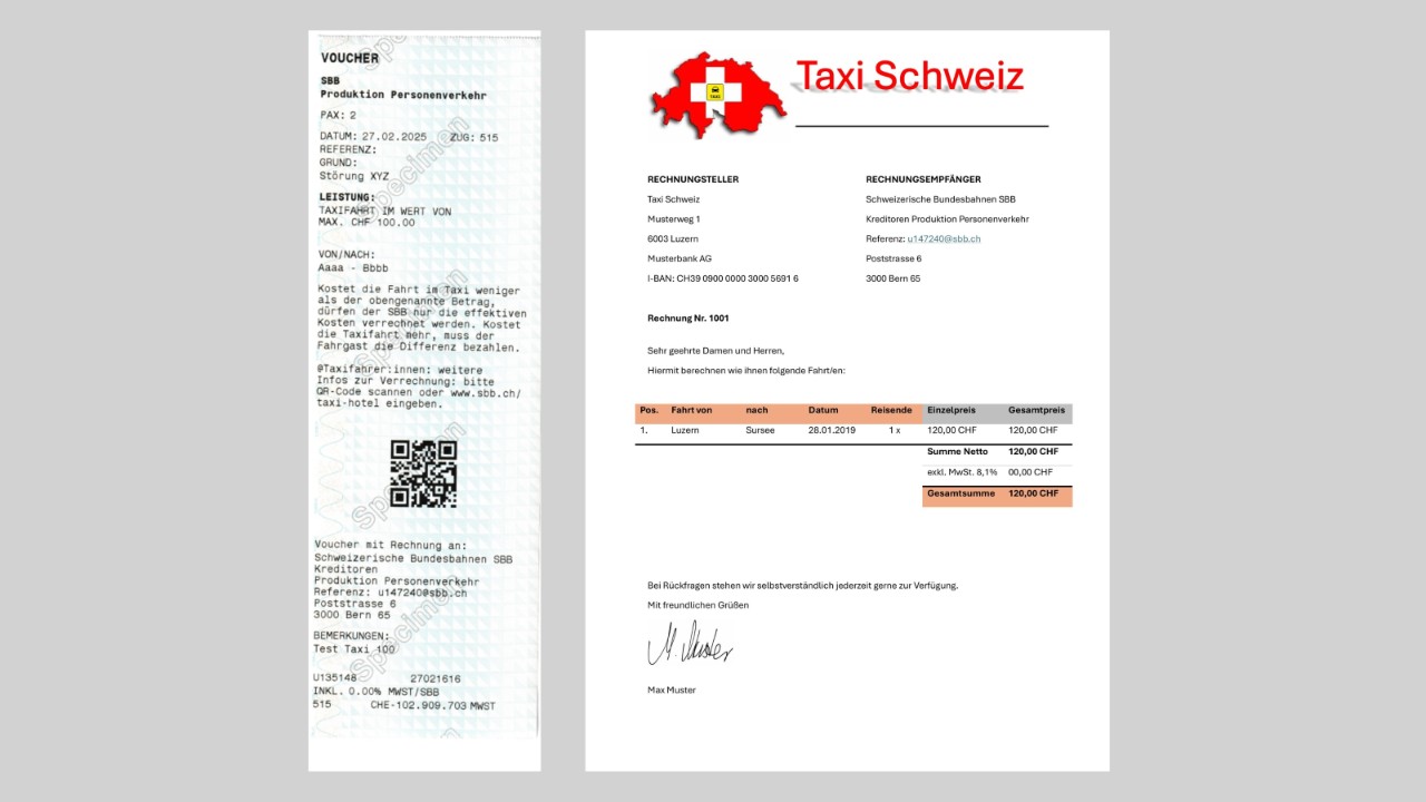 Voucher und Rechnung ins SBB Reisezentrum bringen.