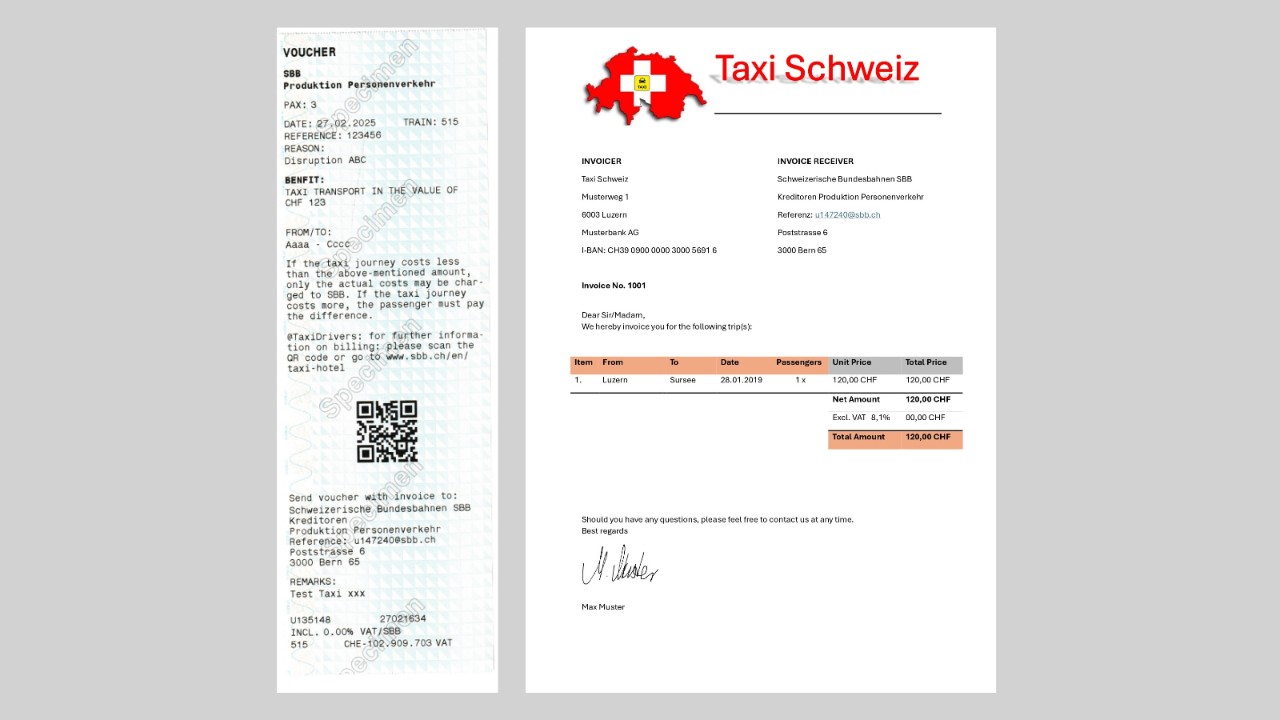 Take the voucher and invoice to the SBB Travel Centre.