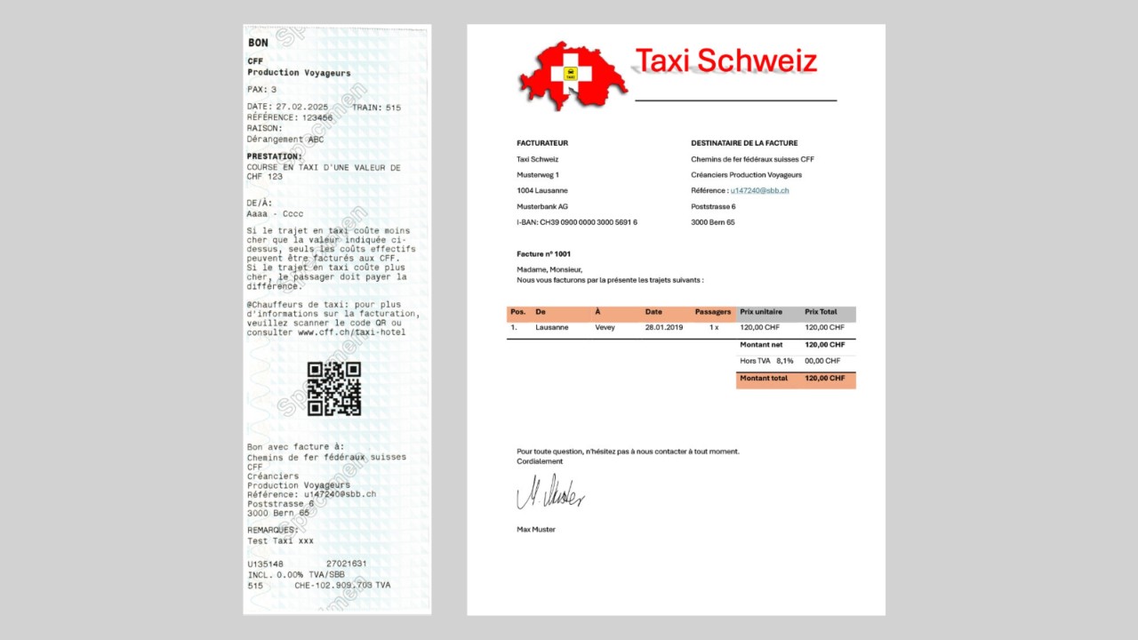 Apporter le bon et la facture au Centre voyageurs CFF.