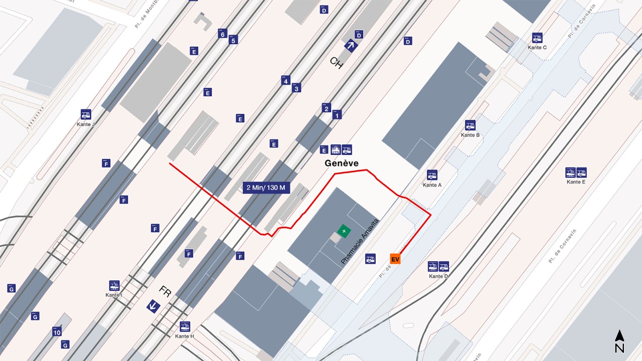 The map shows a bird’s eye view of Geneva Cornavin railway station, with south at the bottom and north at the top of the map extract. To get to the rail replacement bus, walk from the arrival platform through the station towards the lake until you reach the Amavita pharmacy. The bus stop is in front of the pharmacy. The distance is about 130 metres and takes 2 minutes to walk.