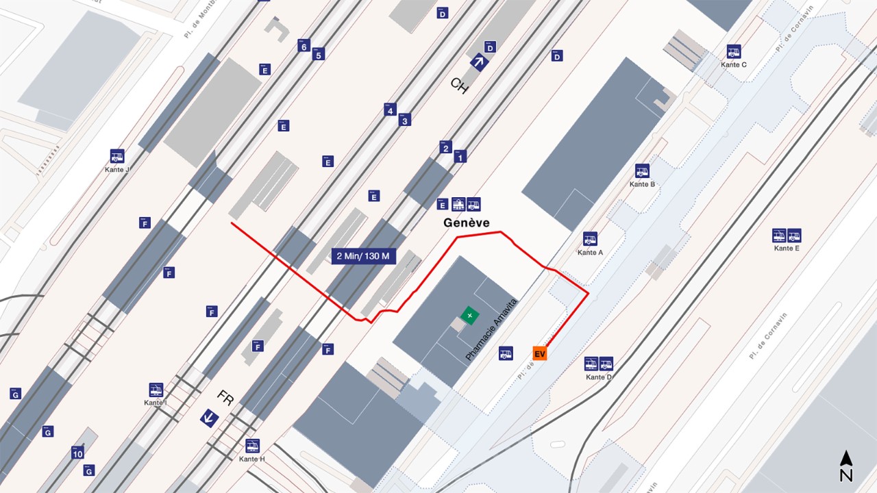 The map shows a bird’s eye view of Geneva Cornavin railway station, with south at the bottom and north at the top of the map extract. To get to the rail replacement bus, walk from the arrival platform through the station towards the lake until you reach the Amavita pharmacy. The bus stop is in front of the pharmacy. The distance is about 130 metres and takes 2 minutes to walk.