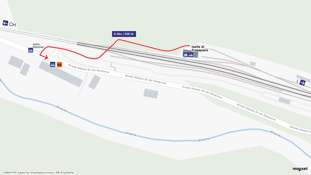 The map shows a bird’s eye view of Iselle railway station, with south at the bottom and north at the top of the map extract. To get to the rail replacement bus, turn left out of the station building and go through the pedestrian underpass to the main road. The buses to Domodossola can be found on the left. The walk takes around six minutes. 