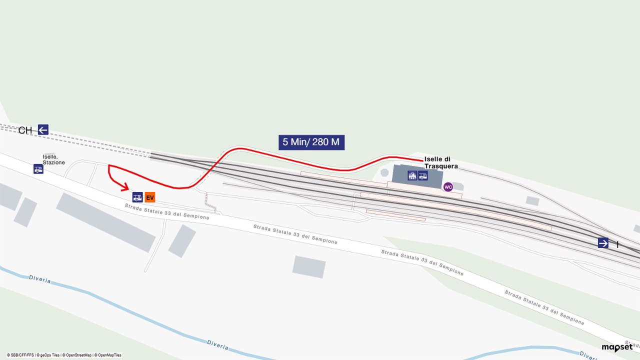 The map shows a bird’s eye view of Iselle railway station, with south at the bottom and north at the top of the map extract. To get to the rail replacement bus, turn left out of the station building and go through the pedestrian underpass to the main road. The buses to Domodossola can be found on the left. The walk takes around six minutes. 