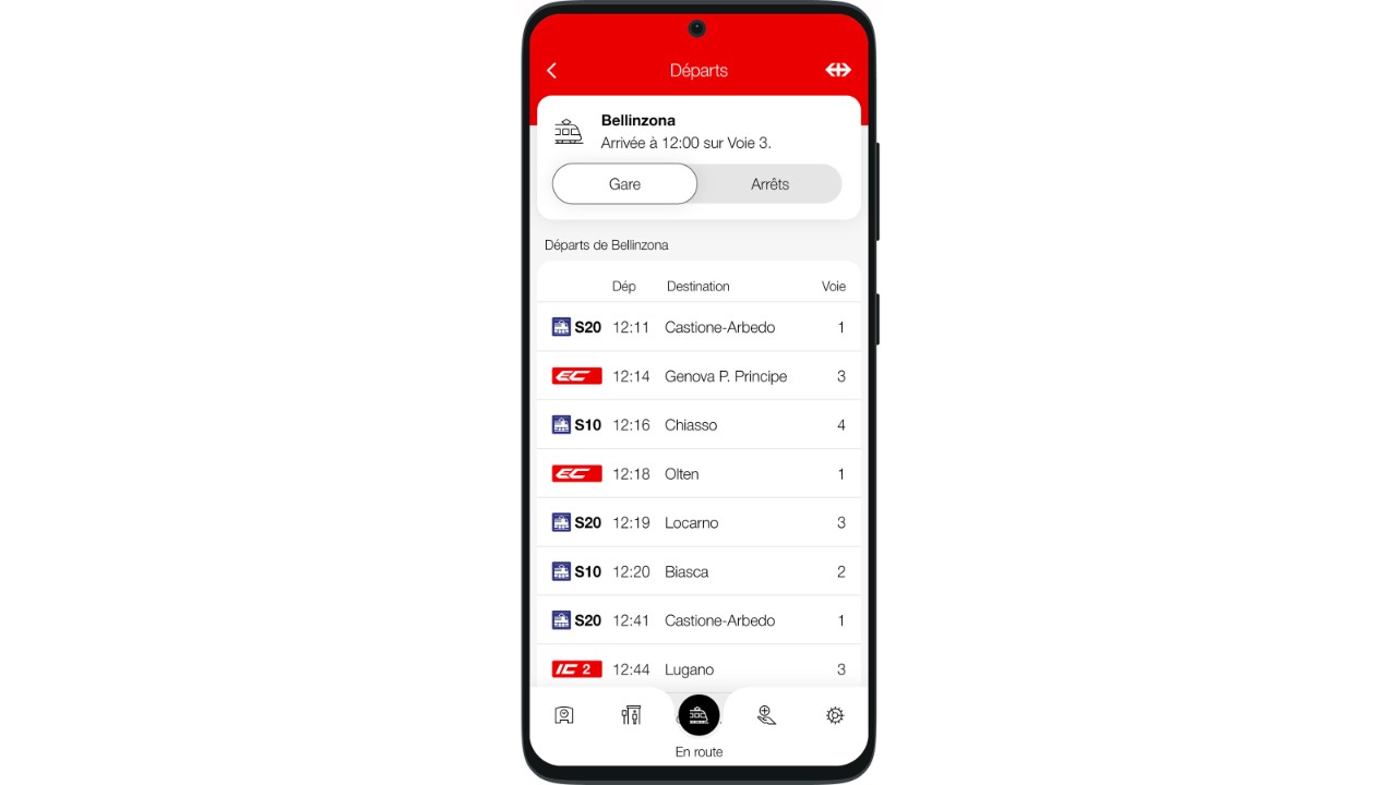 Informations détaillées sur le prochain arrêt: heure d’arrivée, voie, côté de la descente et prochains départs.