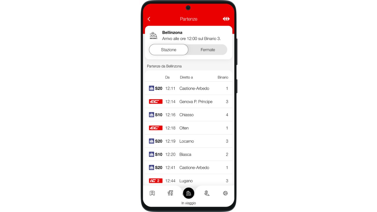 Informazioni dettagliate sulla fermata successiva: orario d’arrivo, binario, lato di discesa e partenze successive.