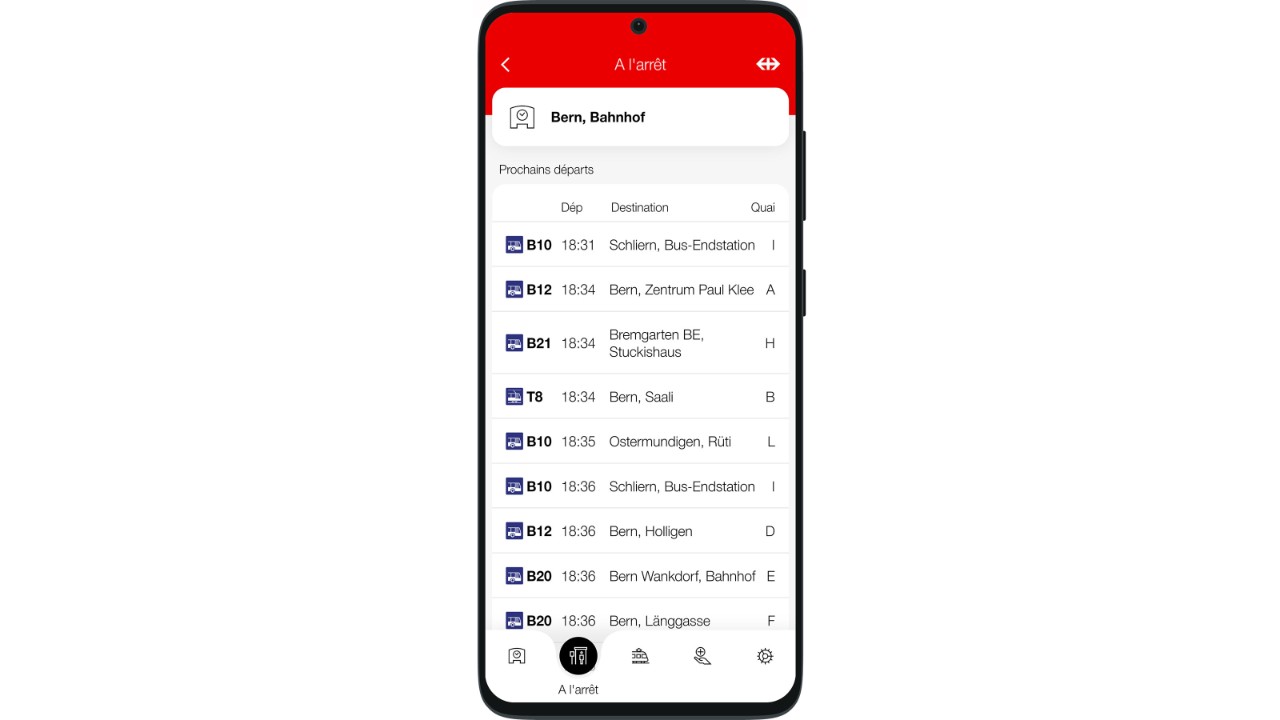 Les arrêts de bus et de tram dans un rayon de 200 mètres à partir de votre position actuelle sont affichés. Dans les paramètres de l'application, ce rayon peut être étendu à 1 kilomètre.