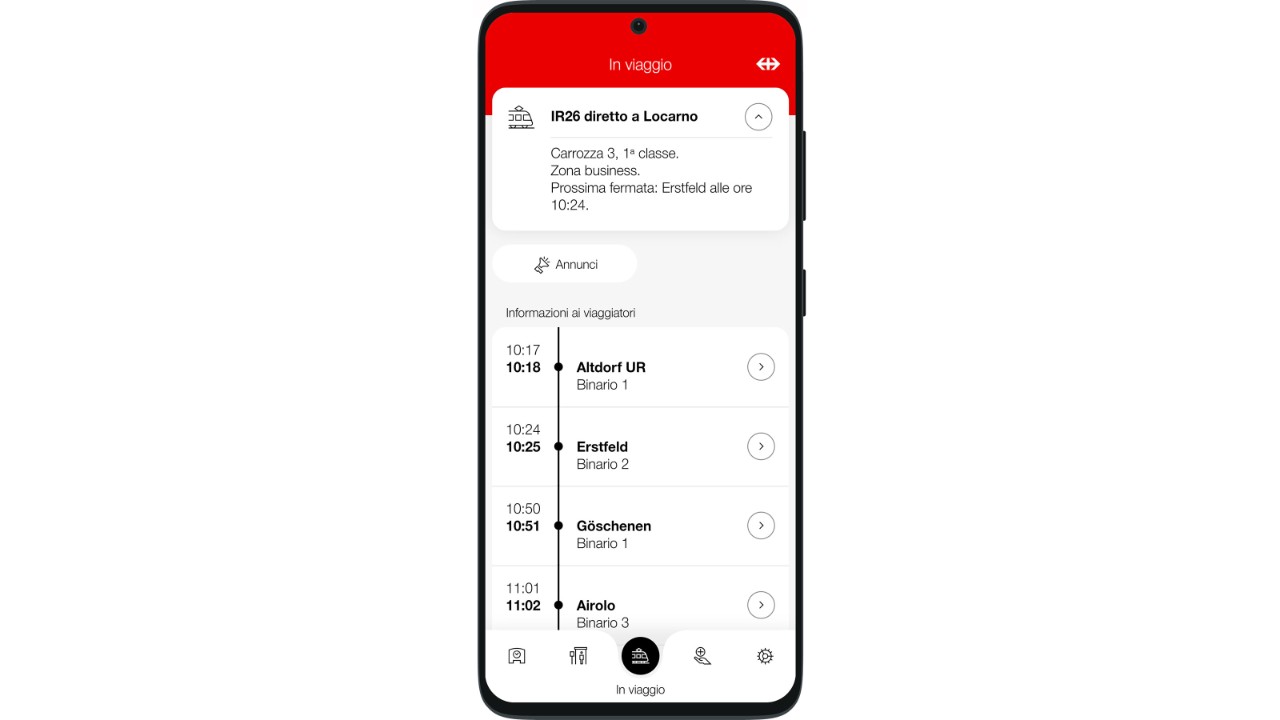 Durante la corsa ti vengono indicate le fermate successive, le coincidenze e il relativo lato di discesa. Se cambi carrozza, le informazioni sul treno vengono aggiornate. Se si verifica una perturbazione, ti verranno mostrati gli annunci corrispondenti.