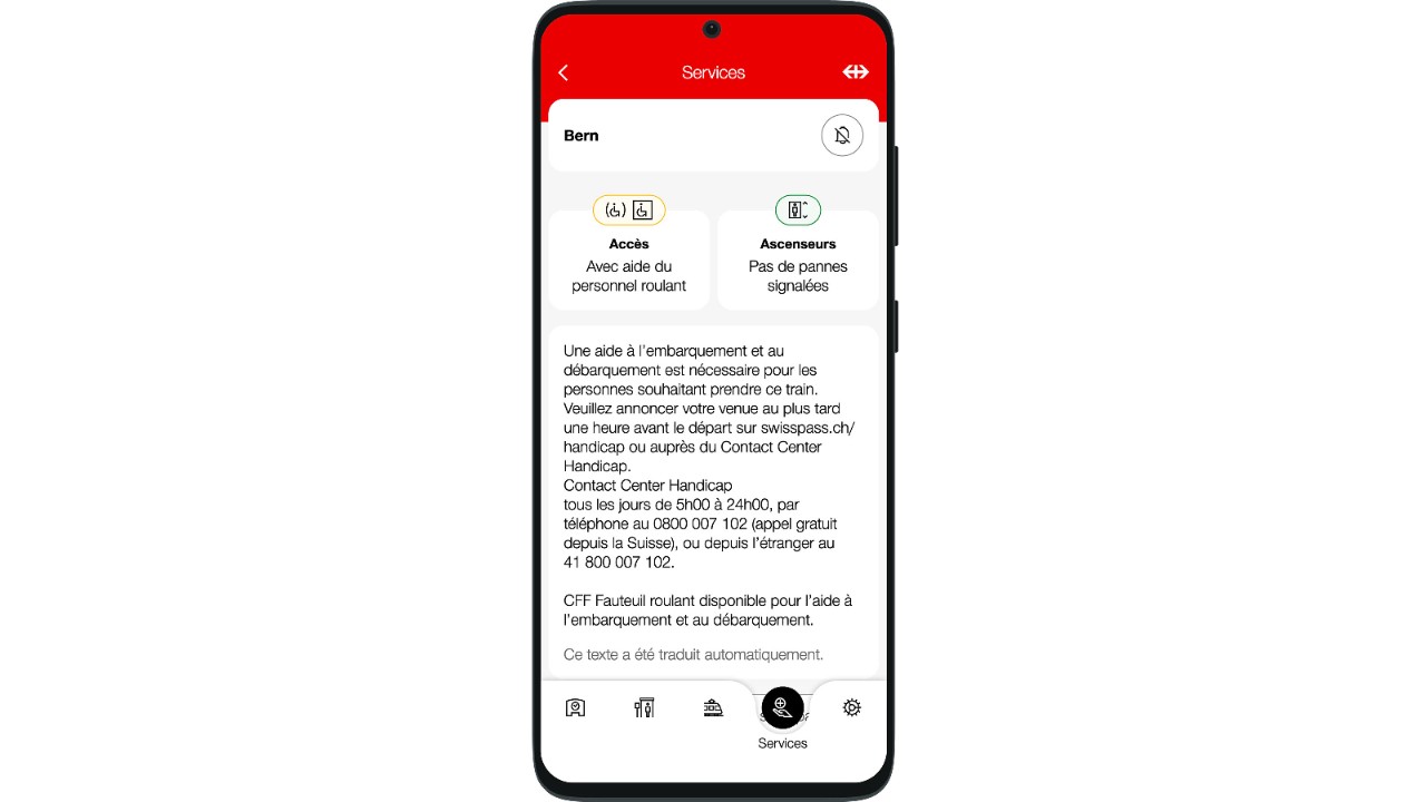 La fonction «Accessibilité» vous permet d’obtenir des informations sur l’accessibilité des gares. 