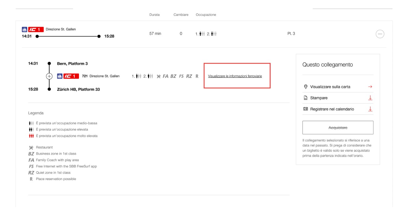 Seleziona il collegamento desiderato nell’orario su FFS.ch. All’interno del collegamento, fai clic sul link con il testo Visualizza le informazioni ferroviarie.