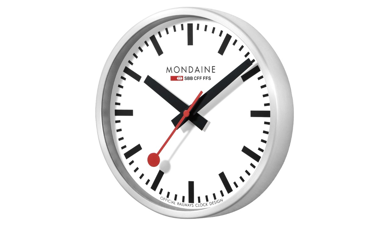 The stop2go smart wall clock has a white face, housing made from brushed aluminium and a diameter of 25mm.