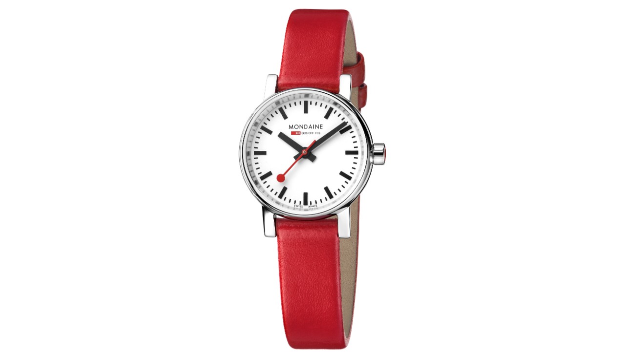 This watch has a white face, housing made of polished stainless steel and a diameter of 26mm. The red leather strap is 12mm wide.