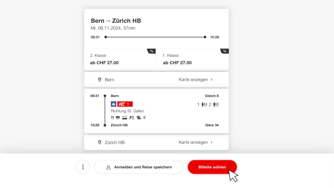 Nachdem Sie Ihre gewünschte Verbindung gewählt haben, klicken Sie auf «Billette wählen».