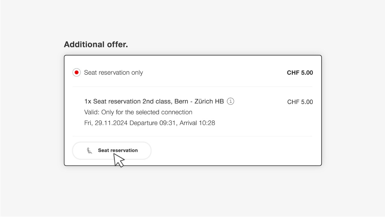 Do you already have a ticket or a travelcard (e.g. a GA Travelcard) and just want a seat in the restaurant? Further down the page, select “Nur Sitzplatzreservierung” [“Seat reservation only”] under “Zusatzangebot” [“Additional offer”], and then click on “Sitzplatzreservierung” [“Seat reservation”].