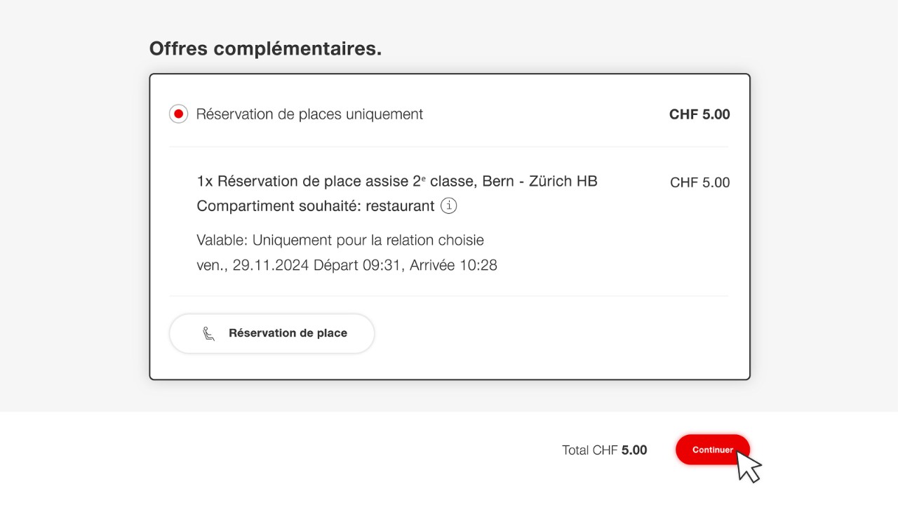 Vous voyez désormais votre réservation de place au Restaurant CFF pour le trajet choisi. Cliquez sur «Continuer» et finalisez l’achat. 
Vous recevrez immédiatement un e-mail de confirmation. Présentez le code QR figurant dans l’e-mail de confirmation, ou la réservation enregistrée au format PDF ou imprimée dans la voiture-restaurant/le Bistro. Vous serez conduit·e à la place réservée et pourrez bénéficier d’un crédit de cinq francs. 
Conseil: si vous êtes connecté·e et que vous avez lié votre login à Mobile CFF, vous pouvez également présenter votre réservation dans l’application.
