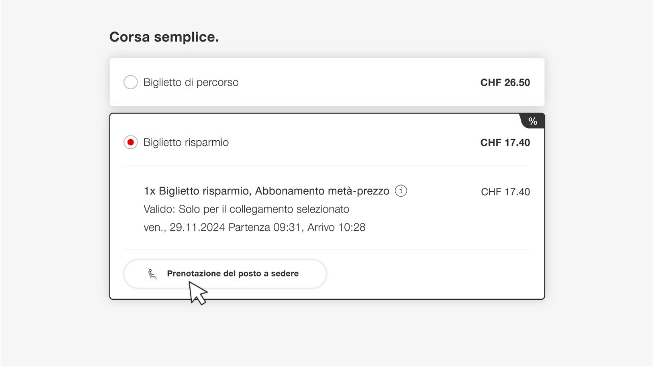 Hai bisogno di un biglietto? Seleziona allora il biglietto desiderato e clicca infine su «Prenotazione del posto a sedere».